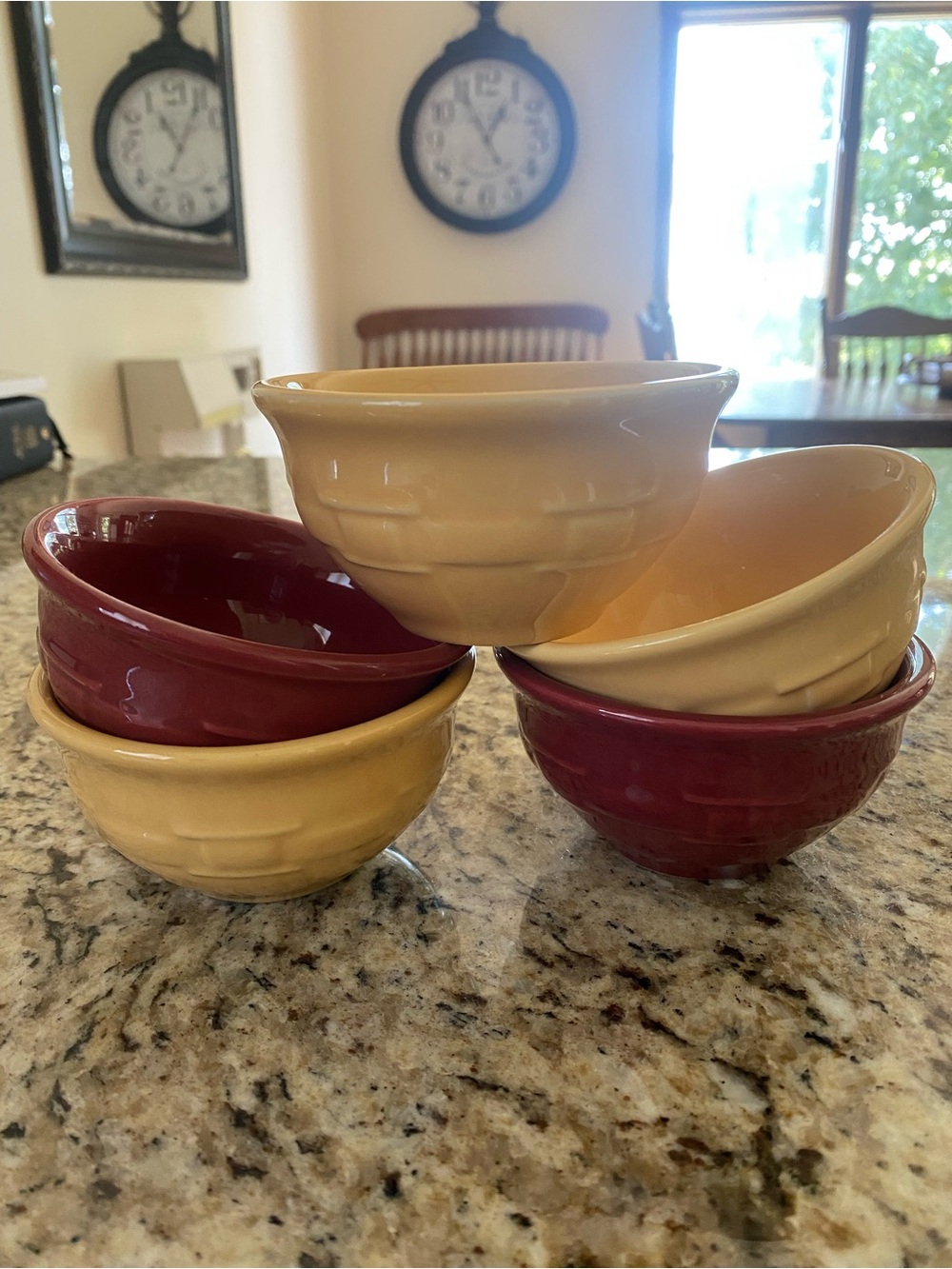 Longaberger Maroon and Cream Stoneware Mixing Bowl Set